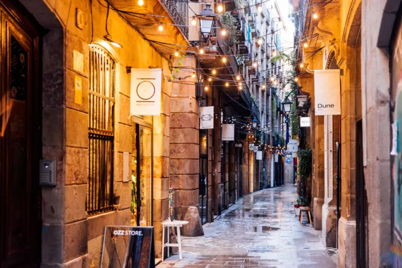 Locales comerciales en una calle comercial de Barcelona con flujo peatonal